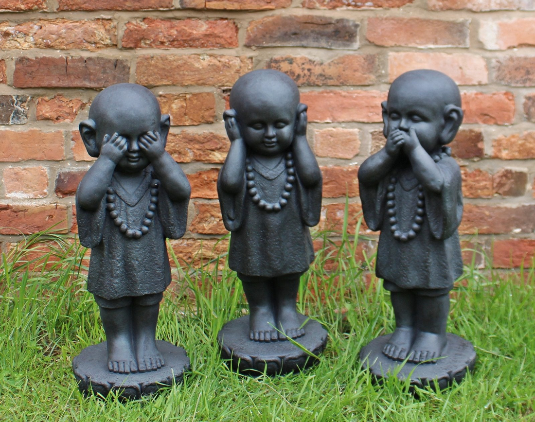 Set Of 3 Stone Effect See No Evil, Hear No Evil, Speak No Evil Monks